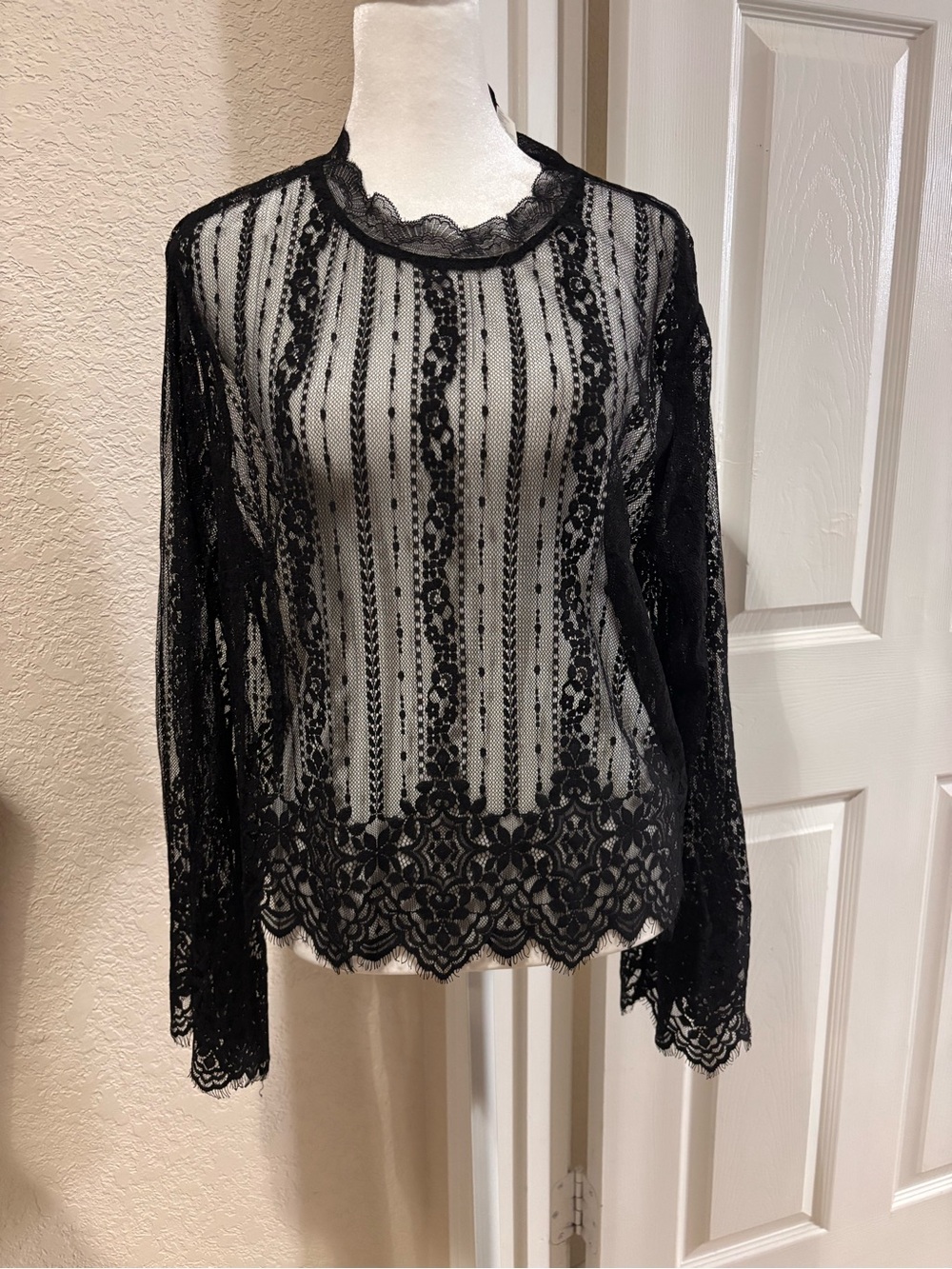 Divided Black Sheer Lace Long-Sleeve Blouse